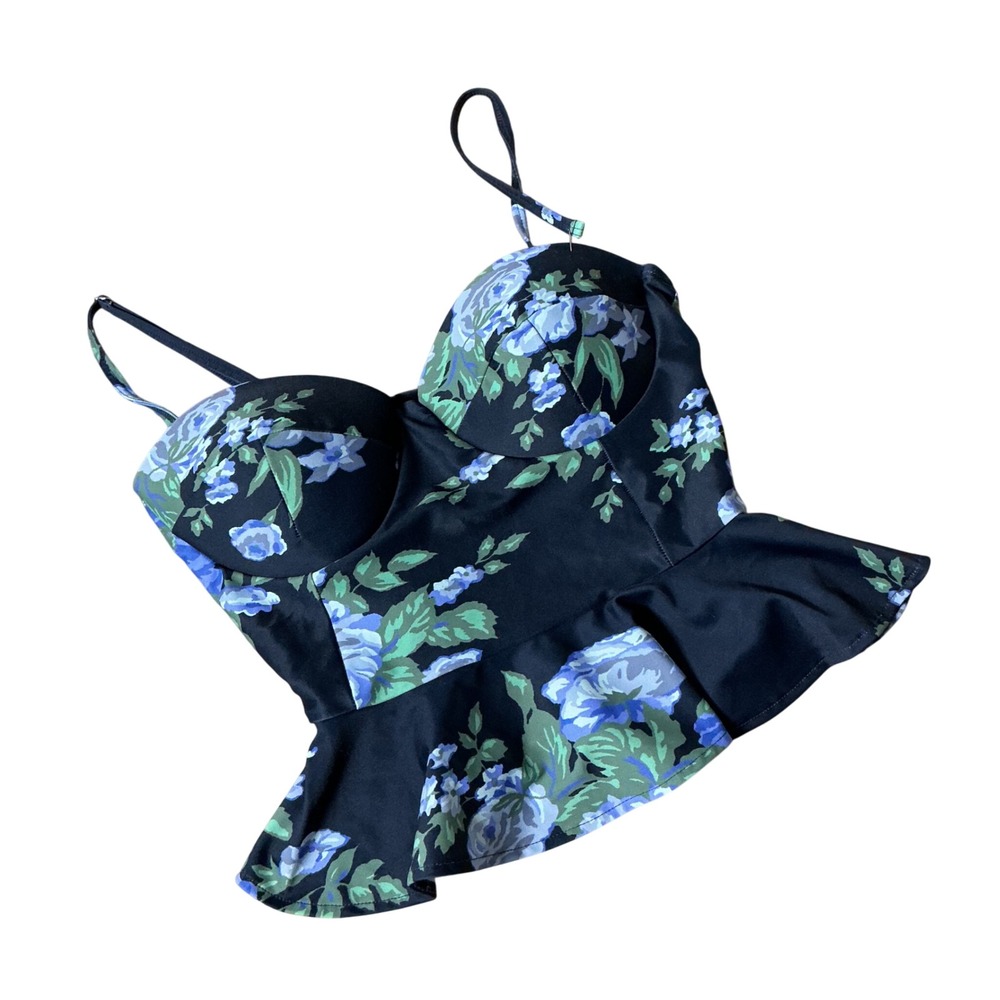 Albion Fit Black Blue Floral Peplum Tankini Top XS L Cups Underwire Swim FLAW